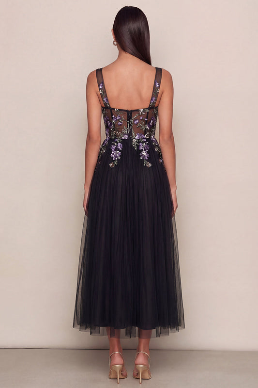 Black Appliqued A-Line Tulle Square Neck Midi Dress
