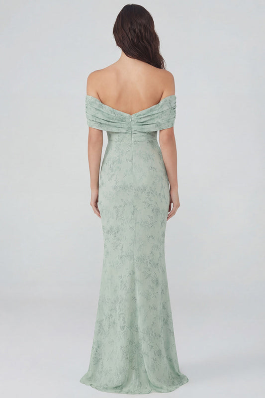Dusty Sage Print Off-the-Shoulder Sheath Chiffon Midi Dress