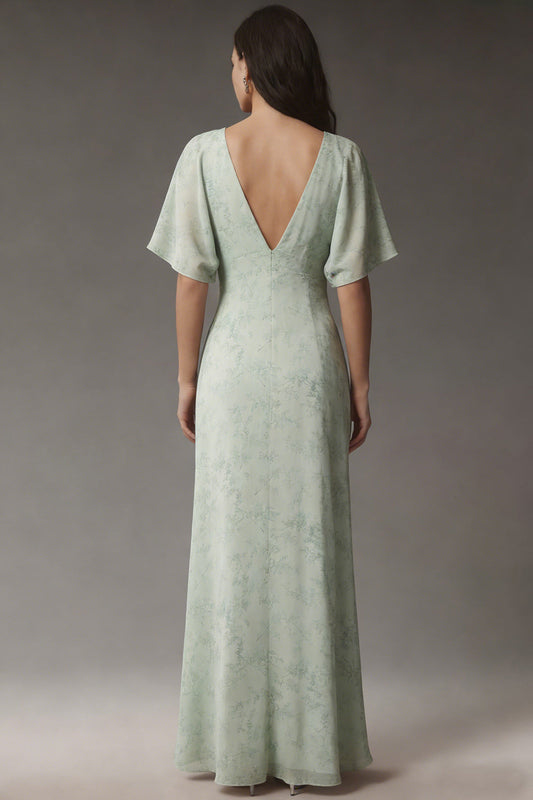 Dusty Sage V-Neck Chiffon A-Line Midi Dress with Short Sleeves