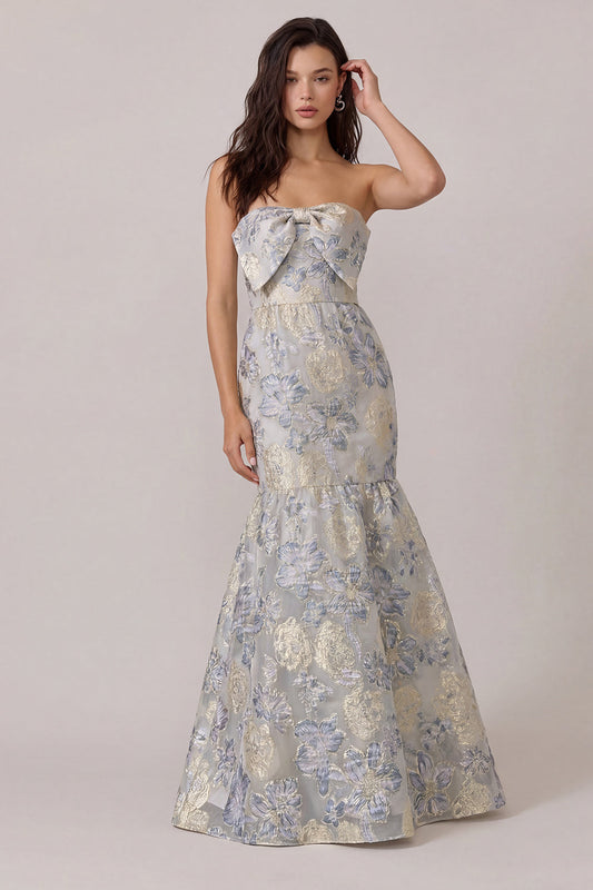Dusty Blue Jacquard Satin Mermaid Wedding Guest Dress with Bow