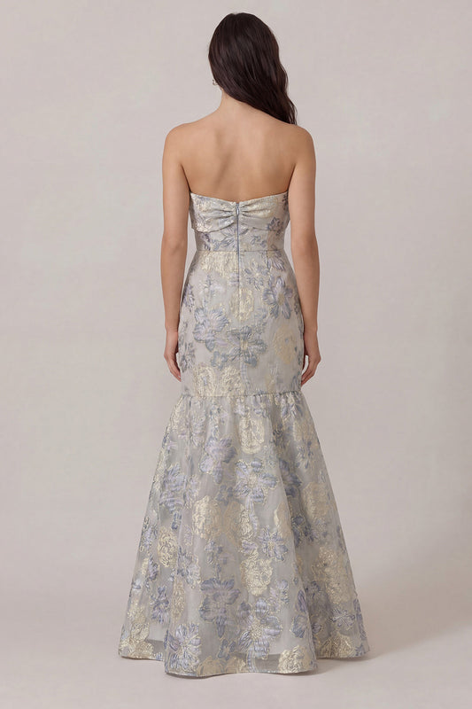 Dusty Blue Jacquard Satin Mermaid Wedding Guest Dress with Bow