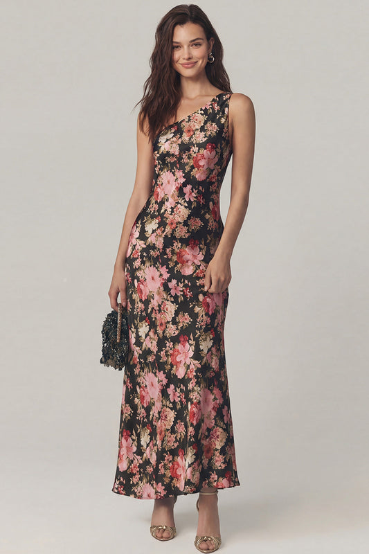 Black Pink Flower One-Shoulder Sheath Satin Midi Dress