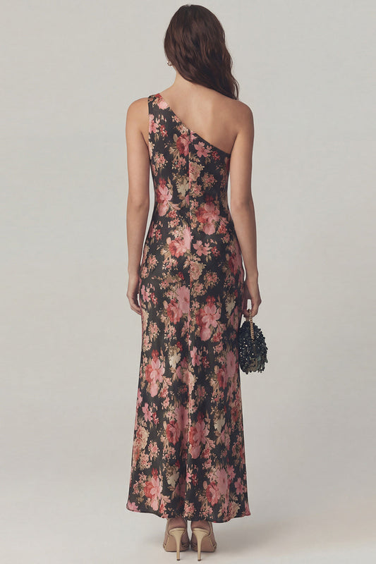 Black Pink Flower One-Shoulder Sheath Satin Midi Dress