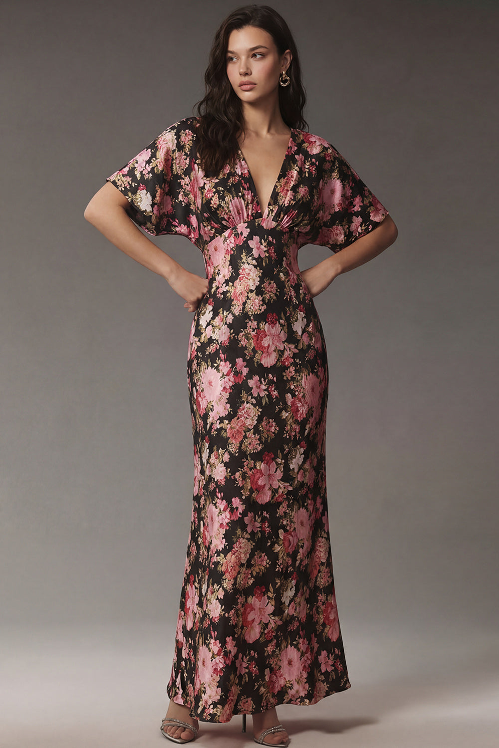 Black Pink Flower V-Neck Sheath Satin Midi Dress with Short Sleeves