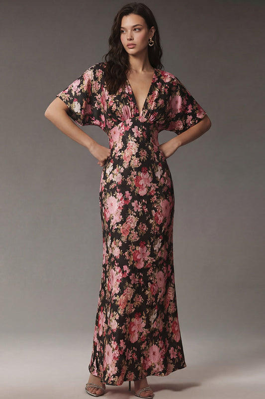 Black Pink Flower V-Neck Sheath Satin Midi Dress with Short Sleeves