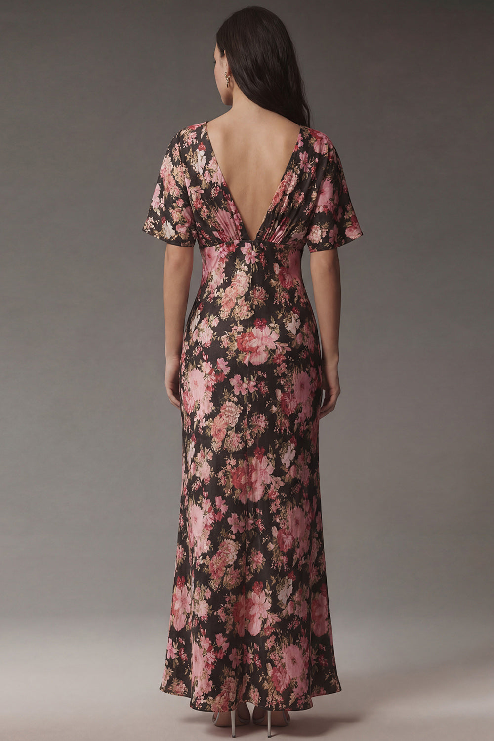 Black Pink Flower V-Neck Sheath Satin Midi Dress with Short Sleeves