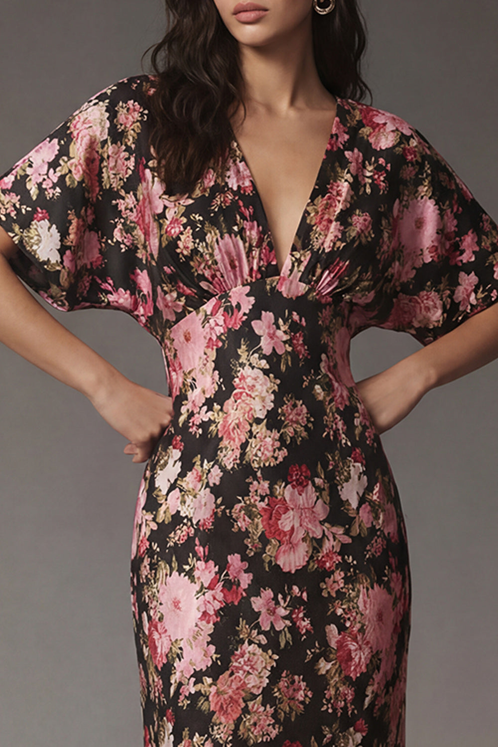Black Pink Flower V-Neck Sheath Satin Midi Dress with Short Sleeves