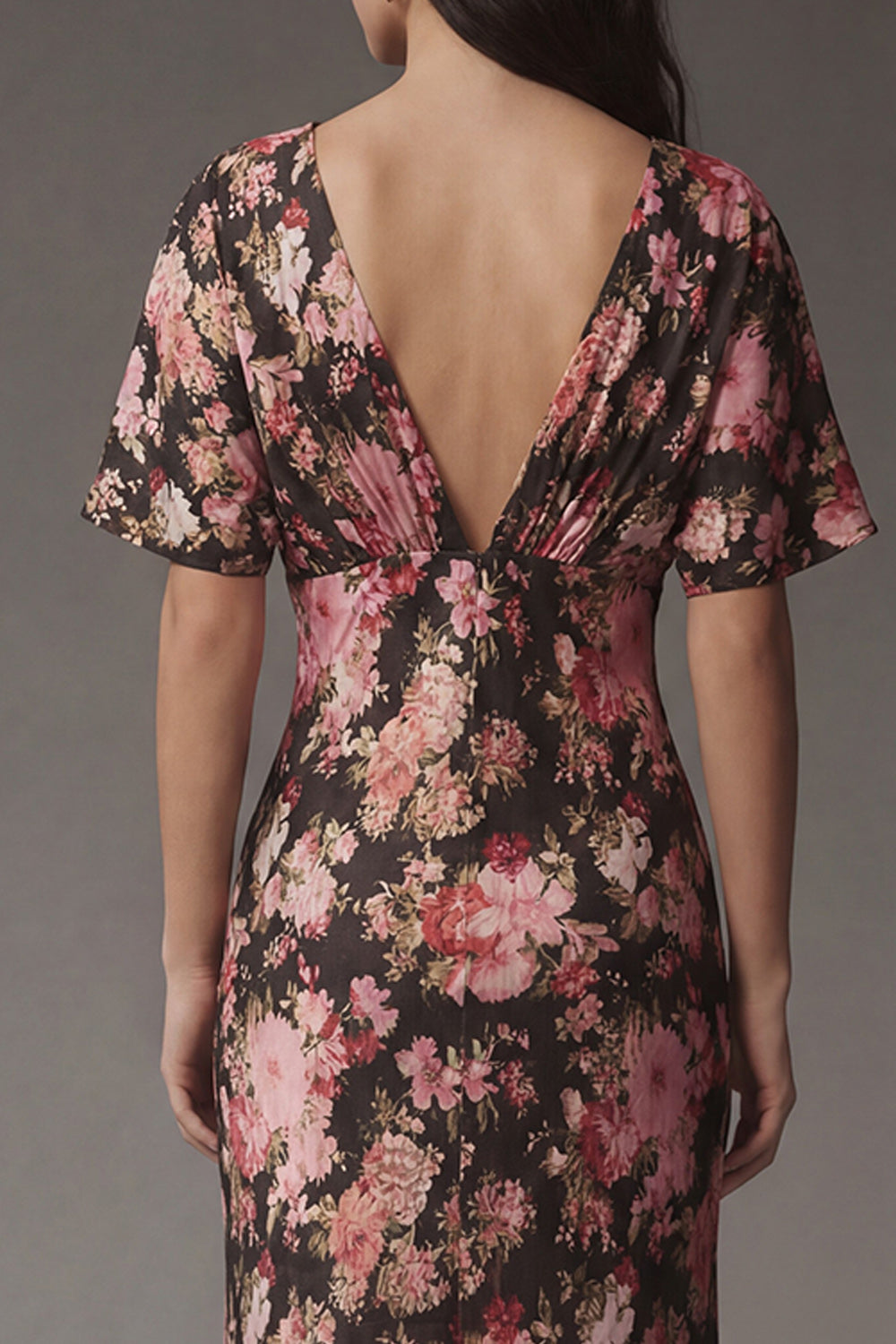 Black Pink Flower V-Neck Sheath Satin Midi Dress with Short Sleeves