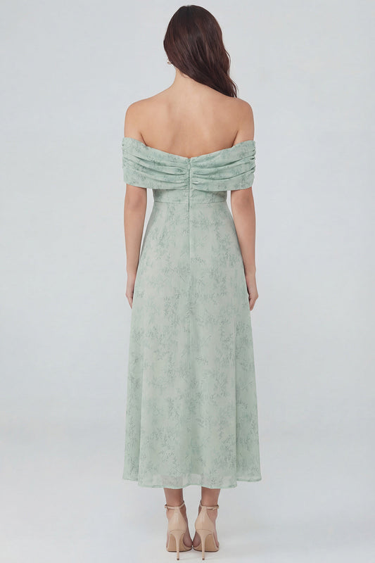 Dusty Sage Printed Chiffon A-Line Off the Shoulder Midi Dress with Slit