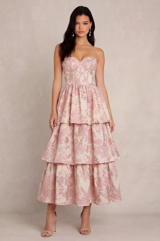 Blush Flower Jacquard Tiered A-Line Corset Strapless Satin Midi Dress