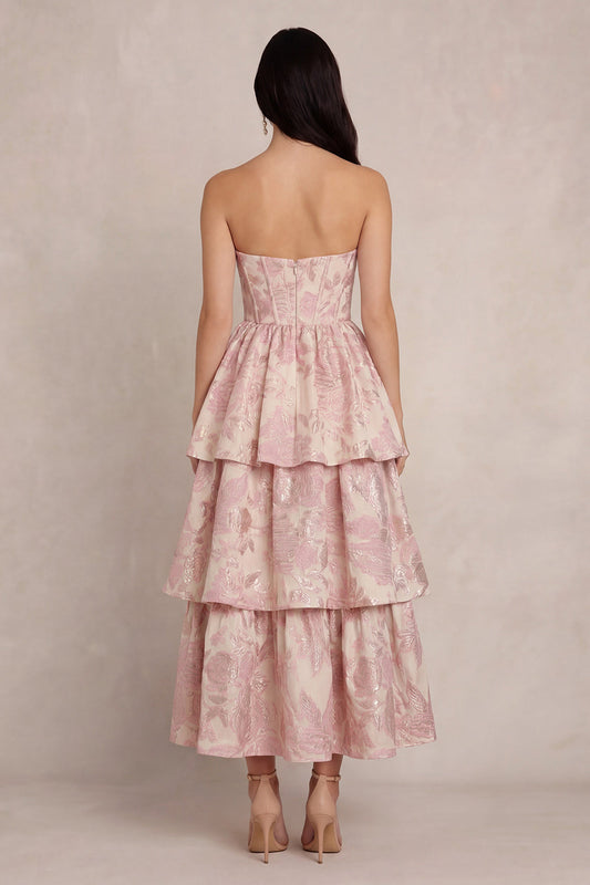 Blush Flower Jacquard Tiered A-Line Corset Strapless Satin Midi Dress