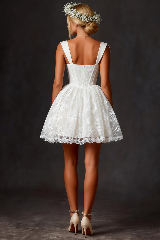 Lace White Square Neck Corset Mini Graduation Dress