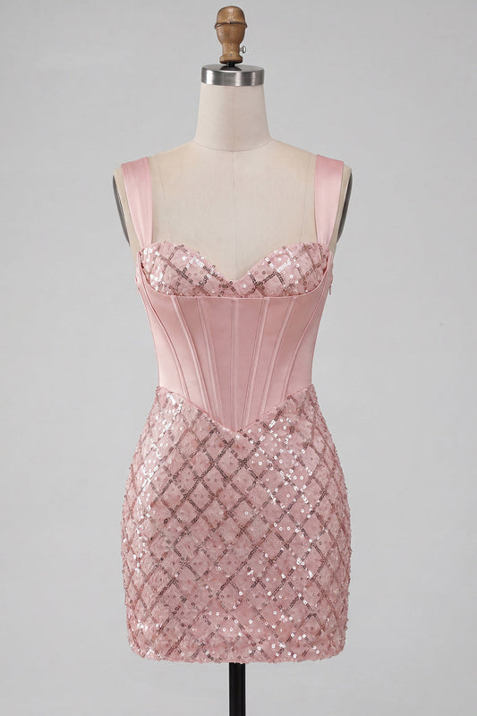 Pink Thick Straps Sequin Corset Bodycon Homecoming Dress