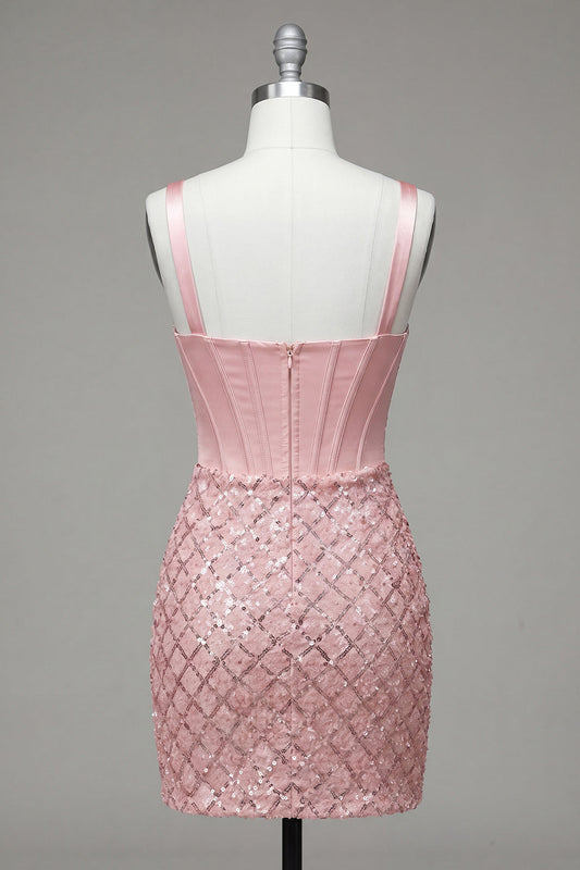 Pink Thick Straps Sequin Corset Bodycon Homecoming Dress
