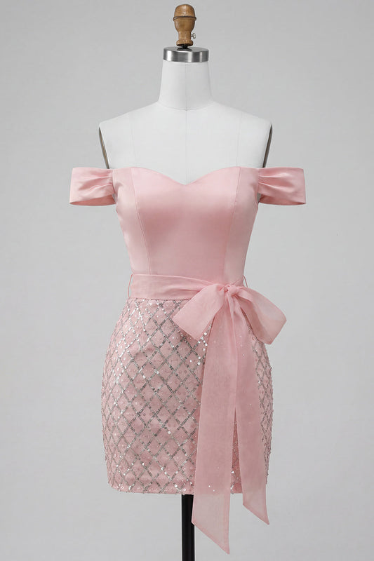 Off the Shoulder Pink Bodycon Sequin Homecoming Dress with Belt
