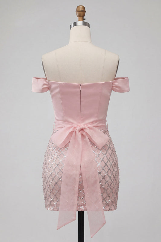 Off the Shoulder Pink Bodycon Sequin Homecoming Dress with Belt