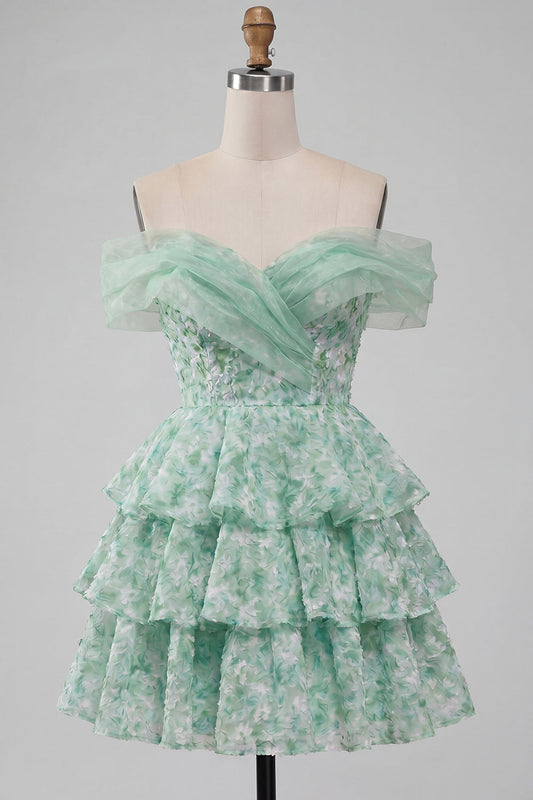 Robe de bal de retour en A en fleurs à volants et épaules dénudées vert clair