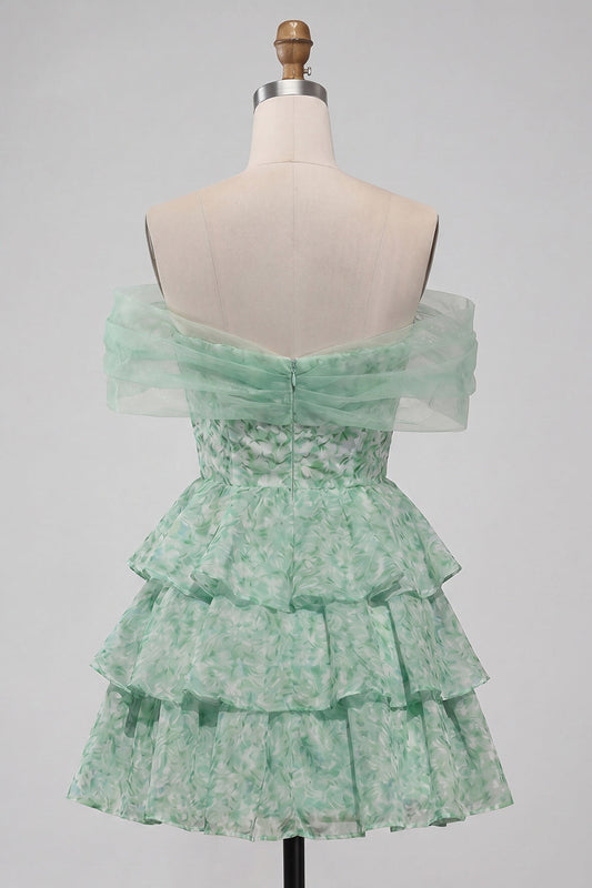 Robe de bal de retour en A en fleurs à volants et épaules dénudées vert clair