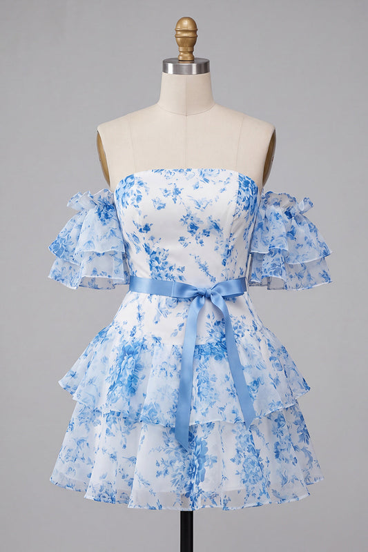 Robe de soirée bustier asymétrique bleue trapèze à volants fleuri
