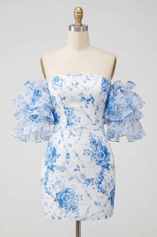 Robe de soirée moulante bleue à épaules dénudées avec imprimé floral