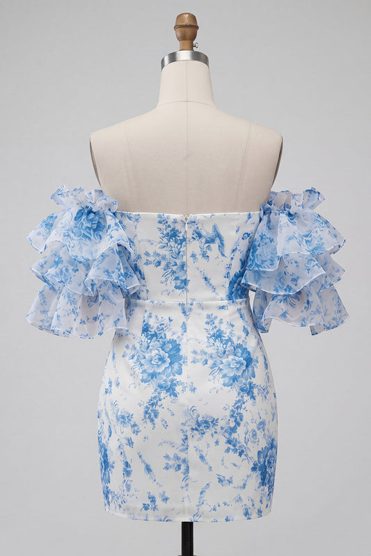 Robe de soirée moulante bleue à épaules dénudées avec imprimé floral