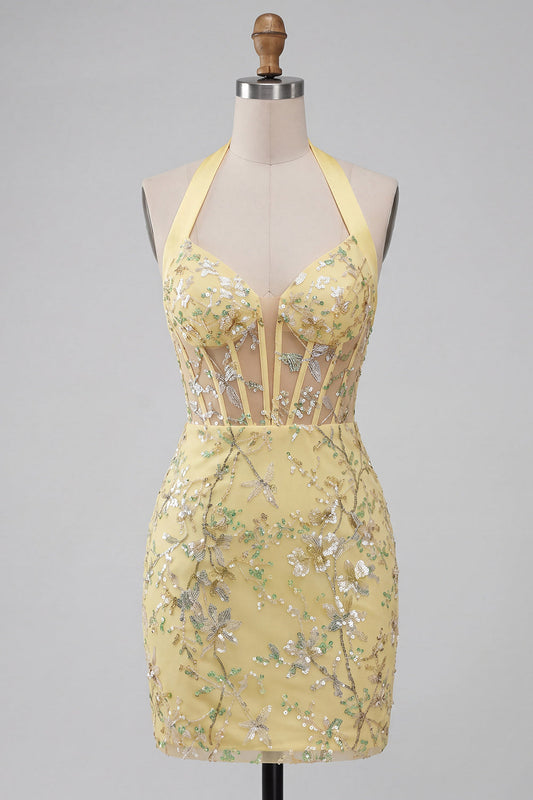 Yellow Sheer Corset Halter Neck Bodycon Floral Homecoming Dress with Sequins