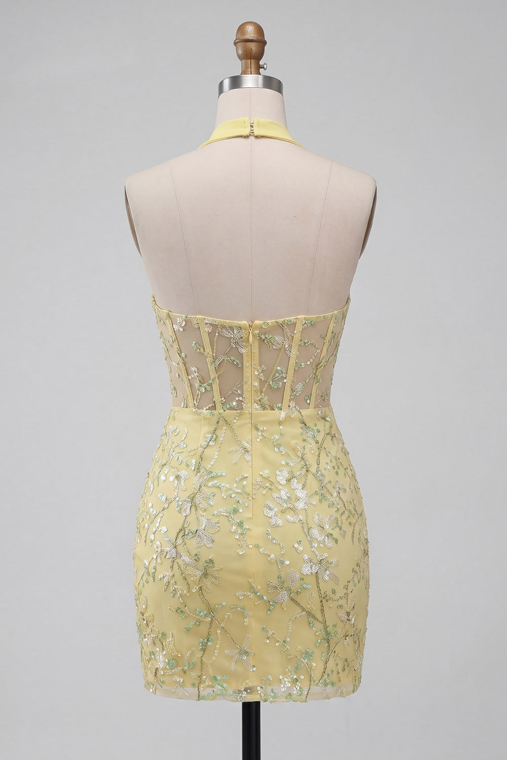 Yellow Sheer Corset Halter Neck Bodycon Floral Homecoming Dress with Sequins