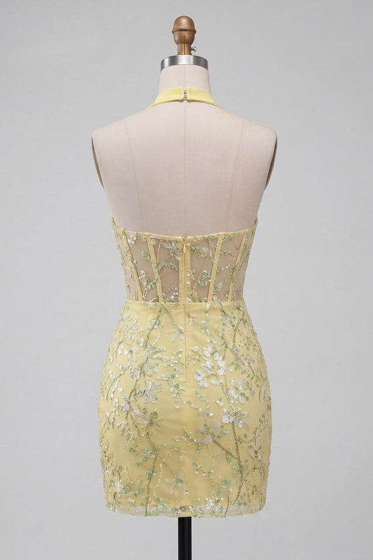 Yellow Sheer Corset Halter Neck Bodycon Floral Homecoming Dress with Sequins