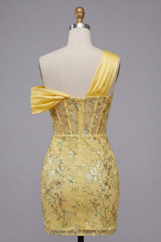 One Shoulder Yellow Bodycon Sheer Corset Floral Homecoming Dress with Sequins