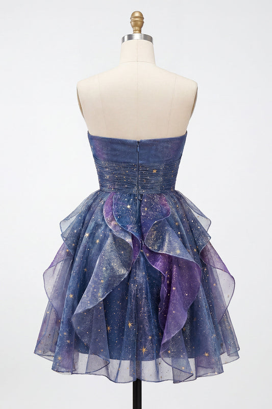 Robe de bal de fin d'année trapèze bleu poudré avec volants