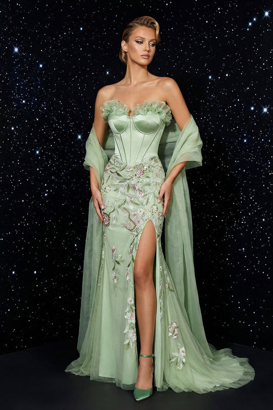 Green Strapless Corset Mermaid Embroidery Evening Dress with Slit