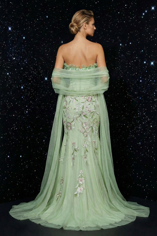 Green Strapless Corset Mermaid Embroidery Evening Dress with Slit