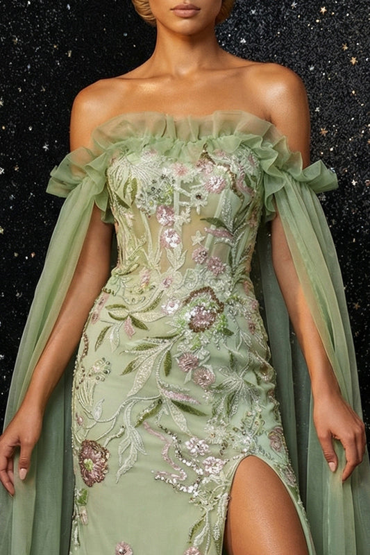 Green Ruffled Strapless Embroidery Corset Mermaid Evening Dress with Slit