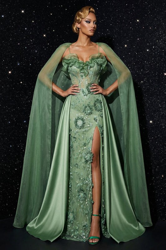 Green Spaghetti Straps Embroidery Corset Ruffled Mermaid Evening Dress with Slit