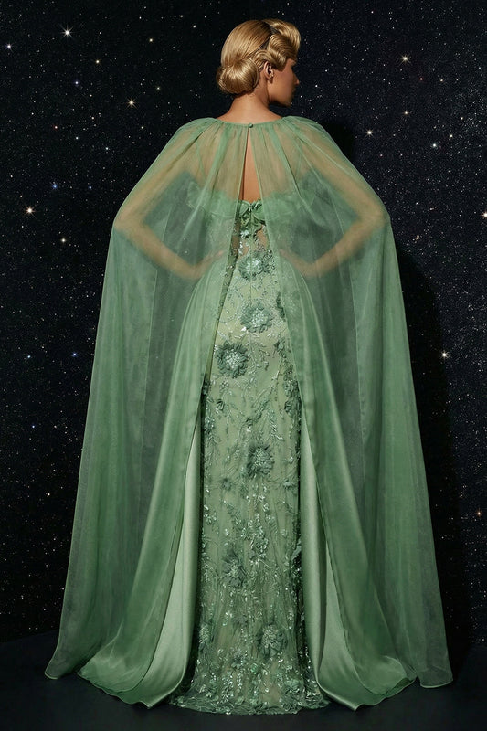 Green Spaghetti Straps Embroidery Corset Ruffled Mermaid Evening Dress with Slit