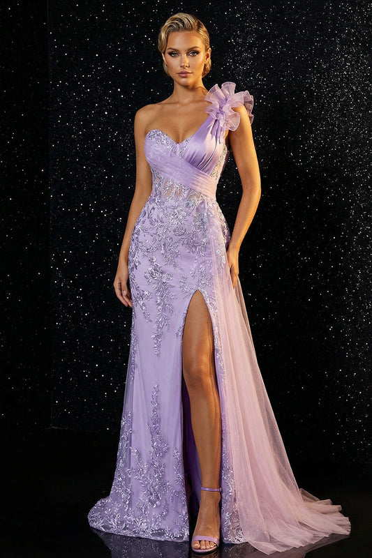 Robe de soirée sirène asymétrique à volants et fente, ornée d'applications violettes scintillantes