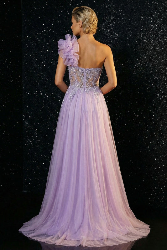 Robe de soirée sirène asymétrique à volants et fente, ornée d'applications violettes scintillantes