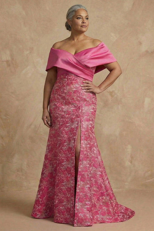 Fuchsia Floral Off-The-Shoulder Mermaid Long Mother of the Bride Dress with Slit