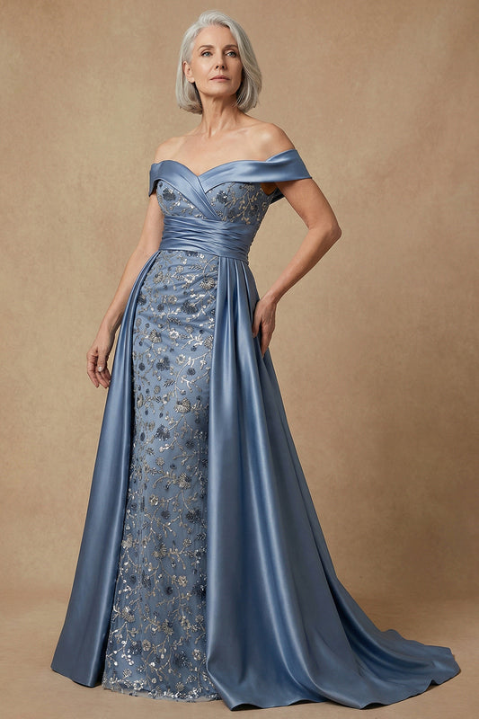 Robe de soirée longue avec paillettes et perles, épaules dénudées