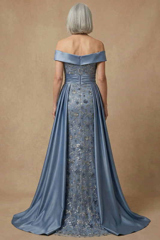 Robe de soirée longue avec paillettes et perles, épaules dénudées