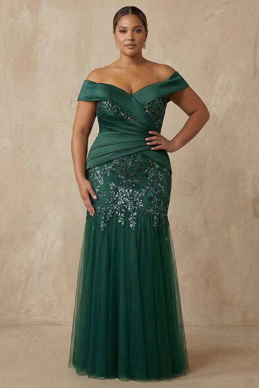 Robe de soirée sirène longue vert foncé avec sequins, épaules dénudées, pour mère de la mariée