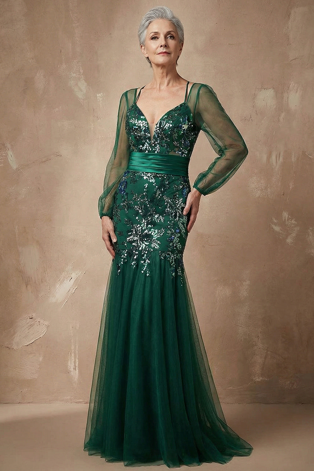 Dark Green Sequined Mermaid Mother of the Bride Dress with Long Sleeves
