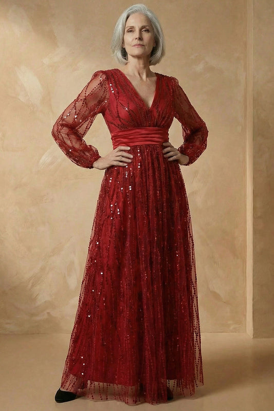 Robe Mère de la Mariée Bourgogne Coupe Trapèze à Paillettes Manches Longues