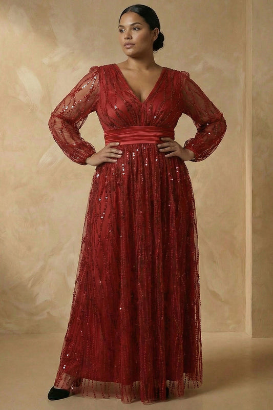 Robe Mère de la Mariée Bourgogne Coupe Trapèze à Paillettes Manches Longues