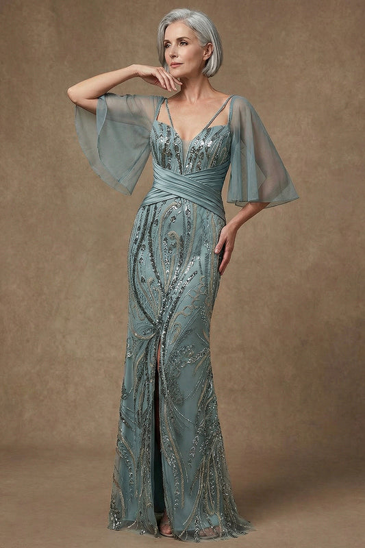 Sparkly Grey Green Mermaid Half Sleeves Sequins Mother of the Bride Dress with Slit