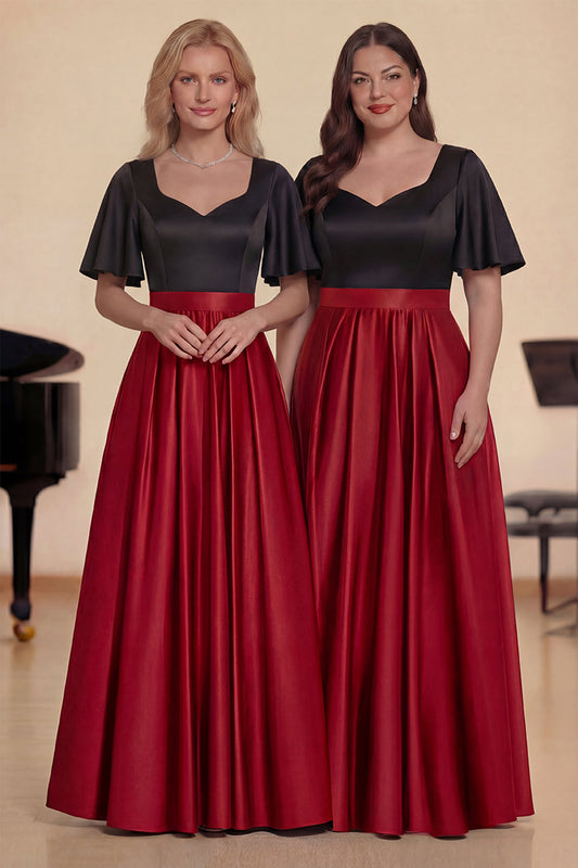 A-Line Black Red Satin Long Choir Dress with Short Sleeves
