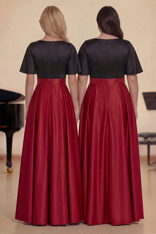 A-Line Black Red Satin Long Choir Dress with Short Sleeves
