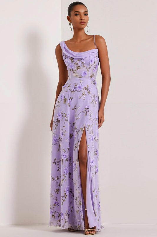 Robe de demoiselle d'honneur corset asymétrique lilas floral avec fente