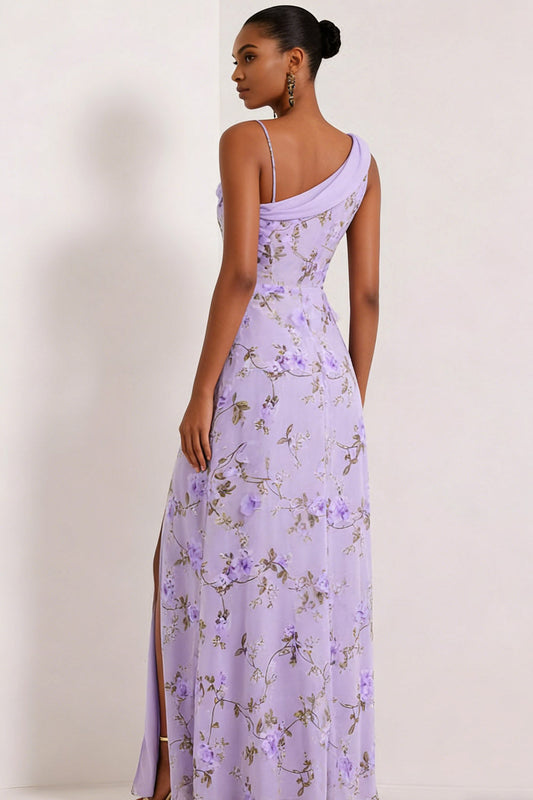 Robe de demoiselle d'honneur corset asymétrique lilas floral avec fente