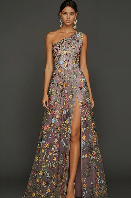 Floral Mauve One-Shoulder A-Line Embroidered Long Prom Dress with Slit